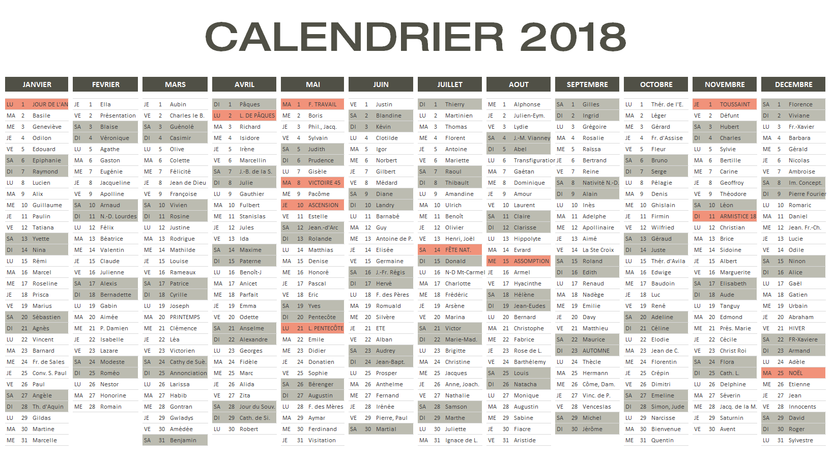 Calendrier 2018 avec fêtes et jours fériés