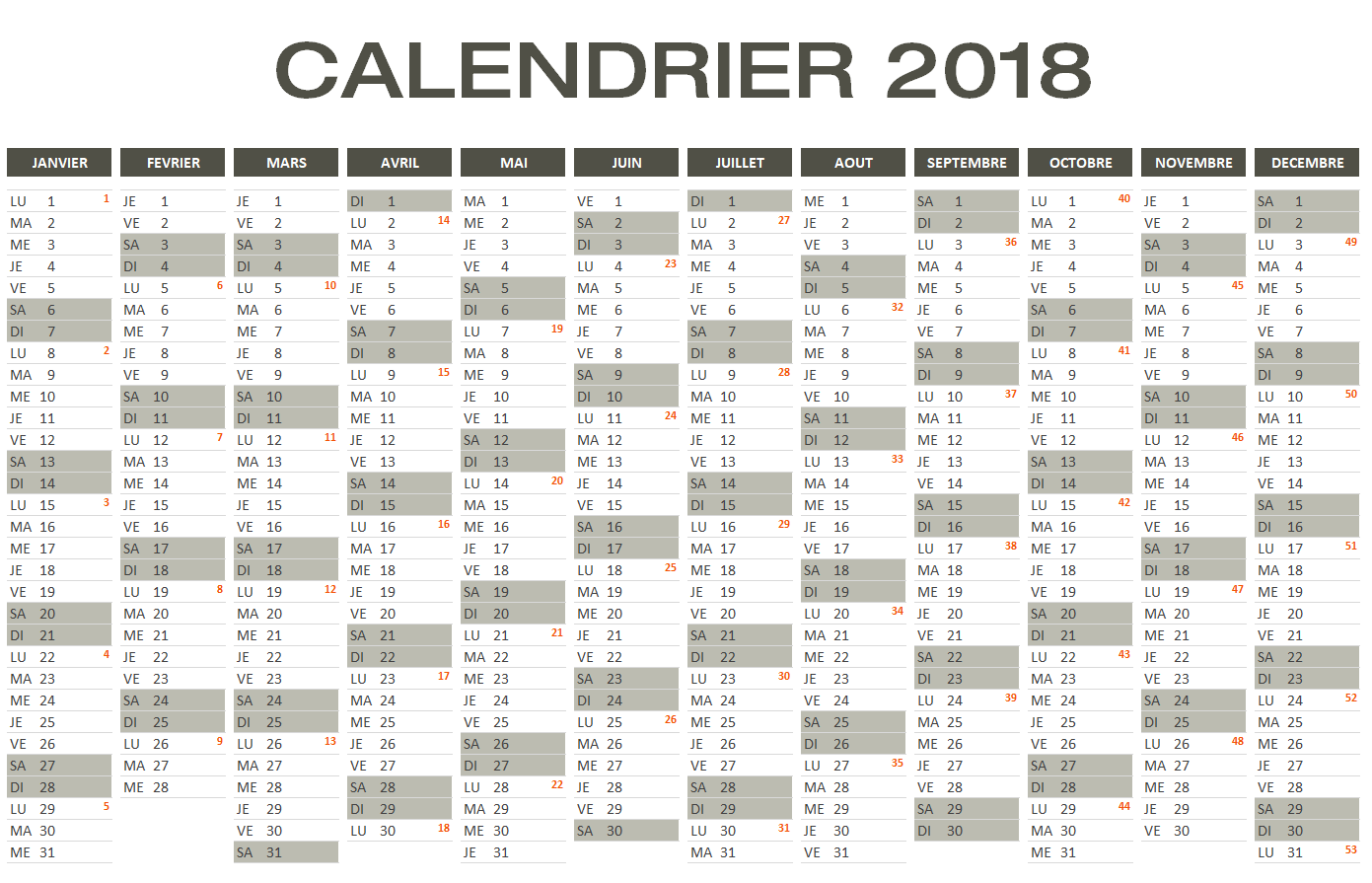 Calendrier 2018 avec numéros de semaine