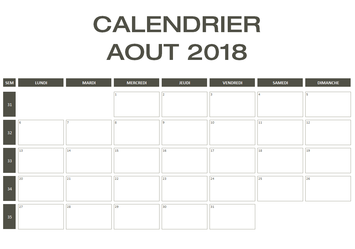 Calendrier Août 2018