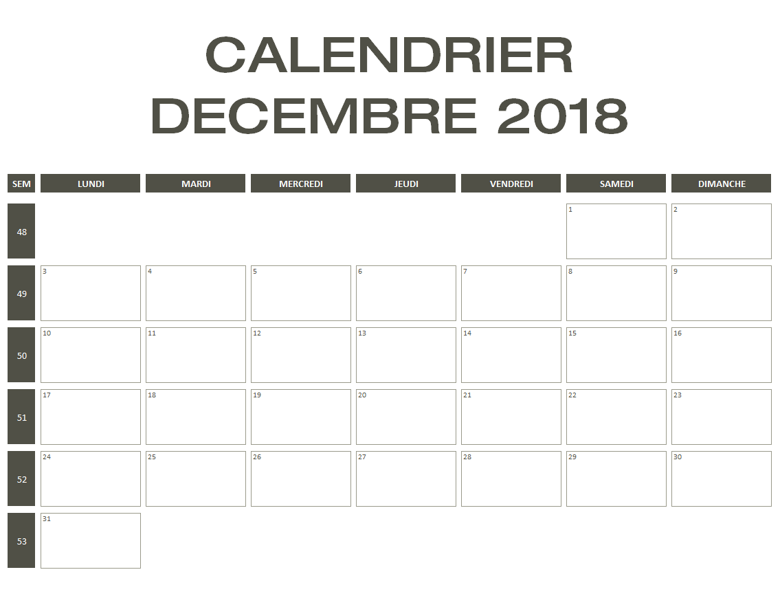 Calendrier Décembre 2018