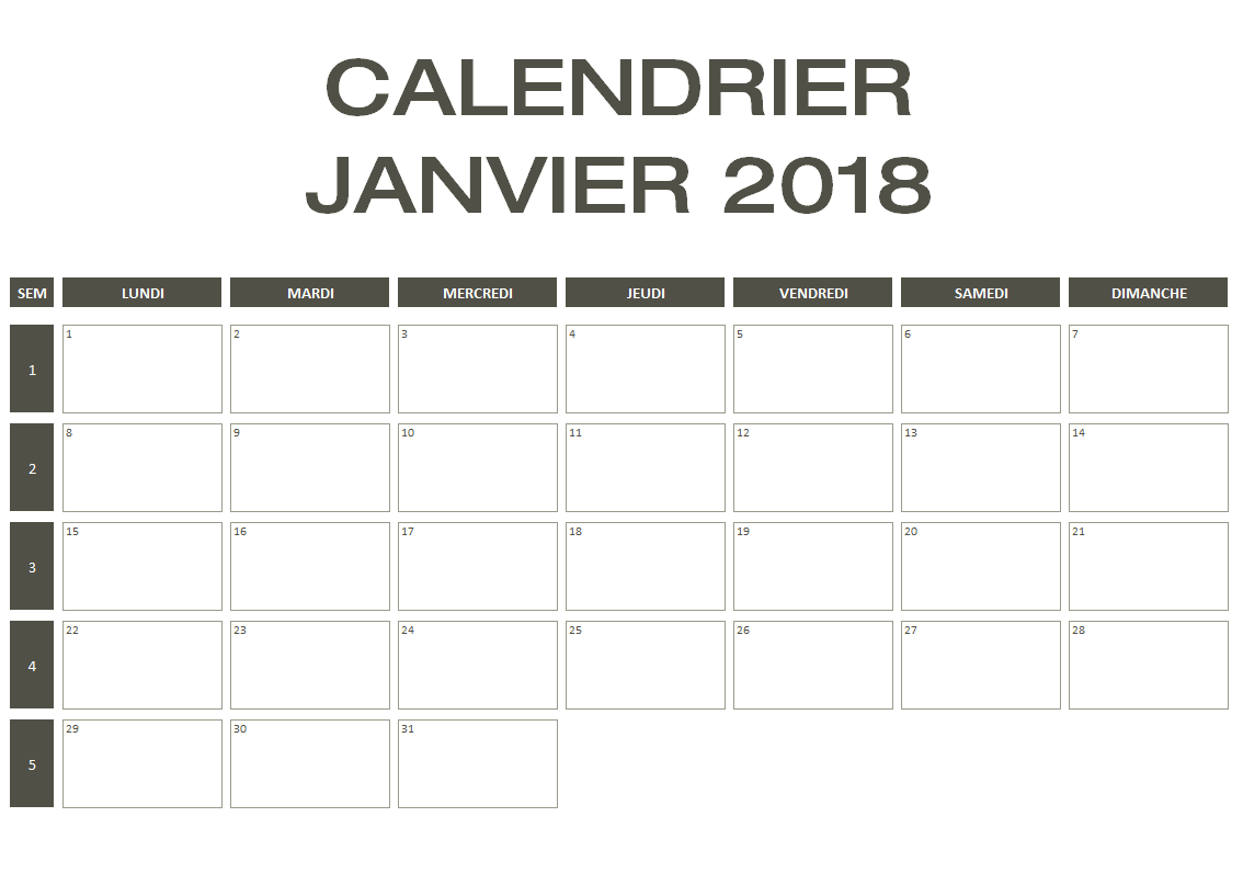 Calendrier Janvier 2018