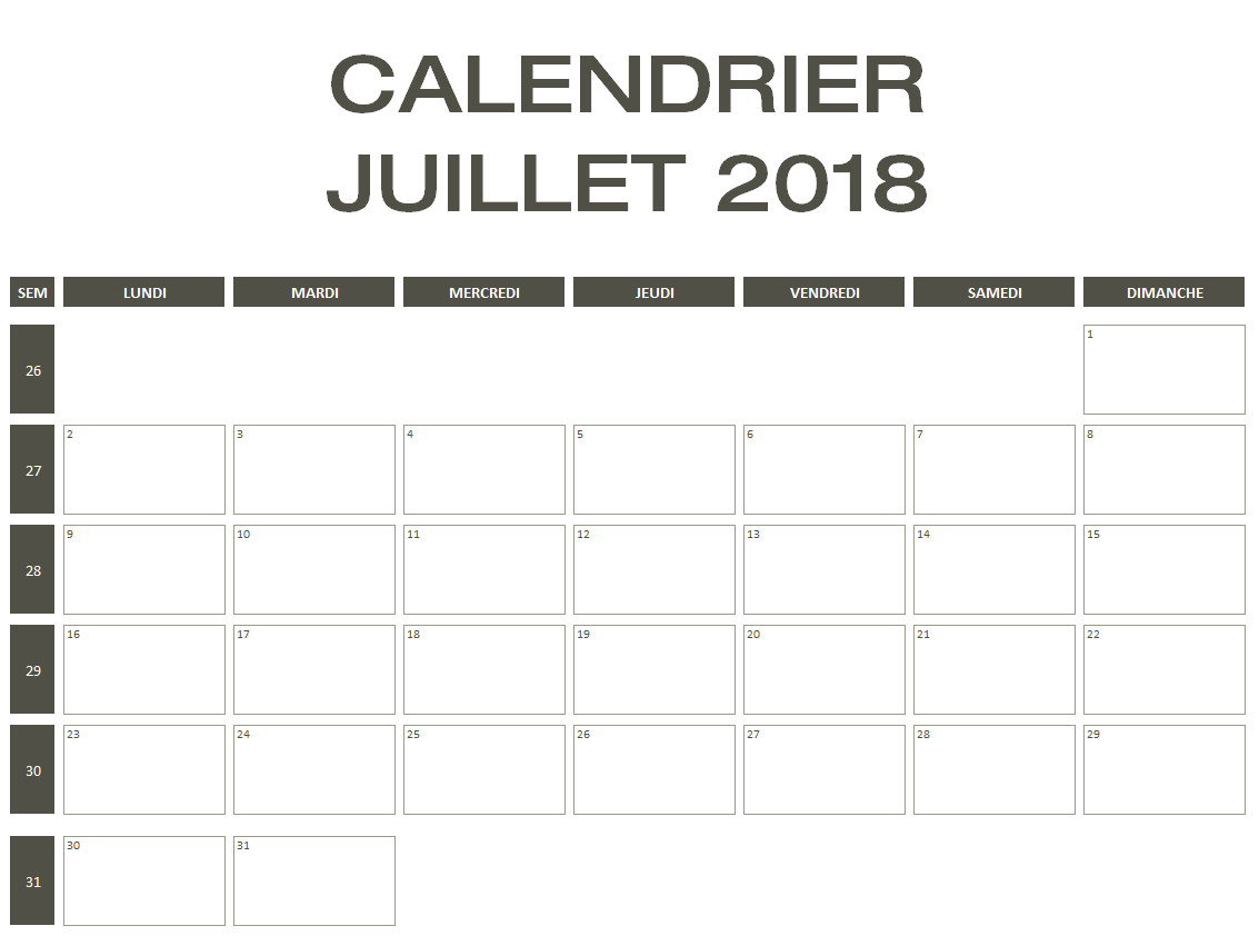 Calendrier Juillet 2018