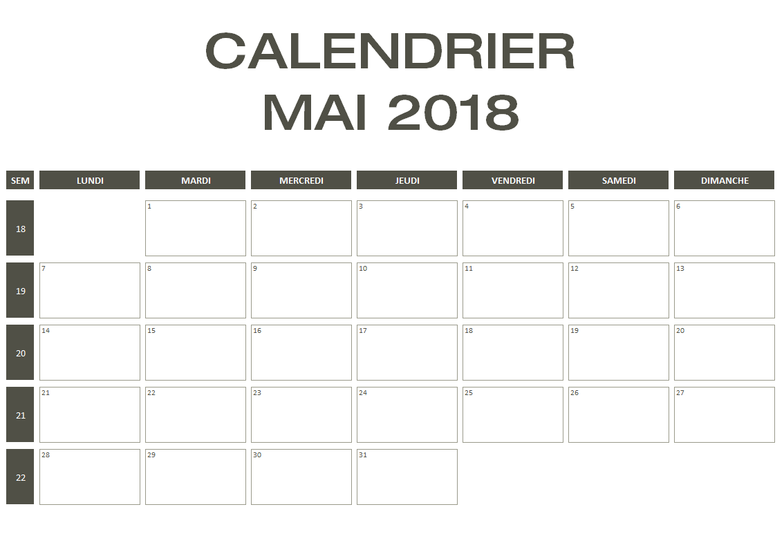 Calendrier Mai 2018