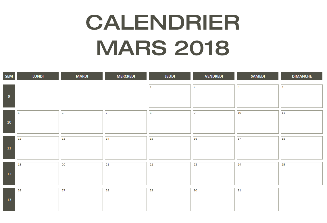 Calendrier Mars 2018