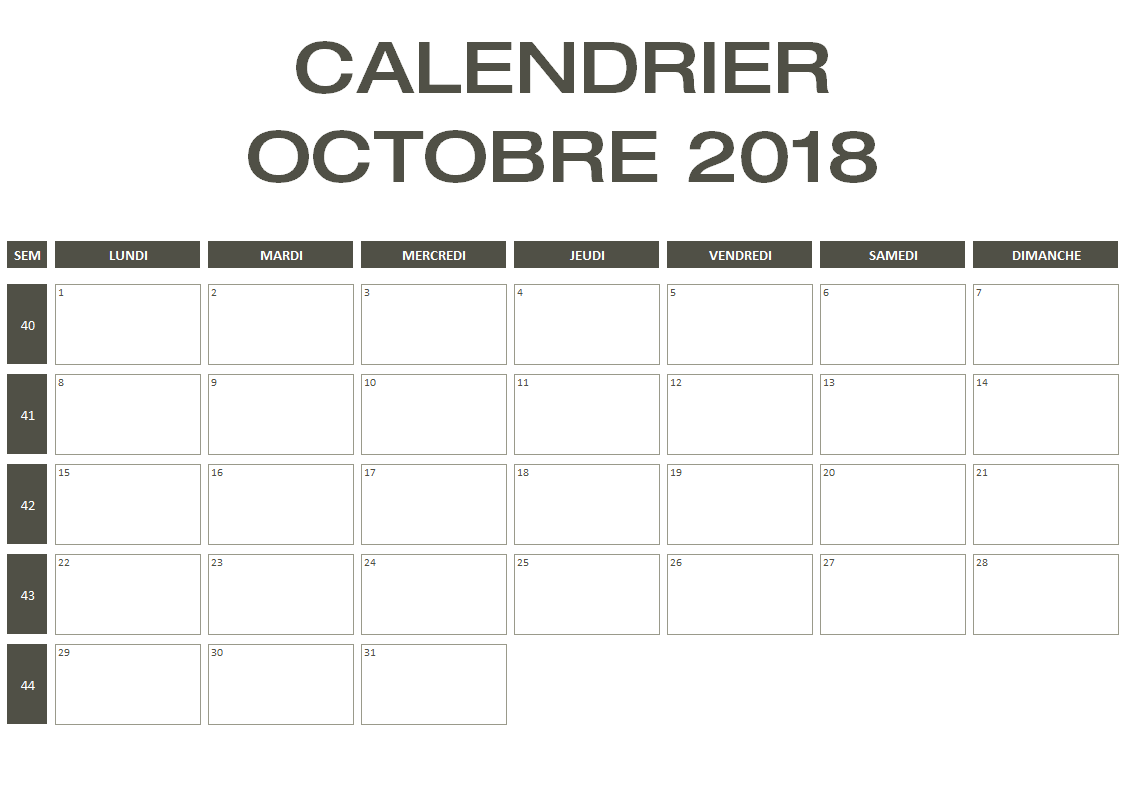 Calendrier Octobre 2018