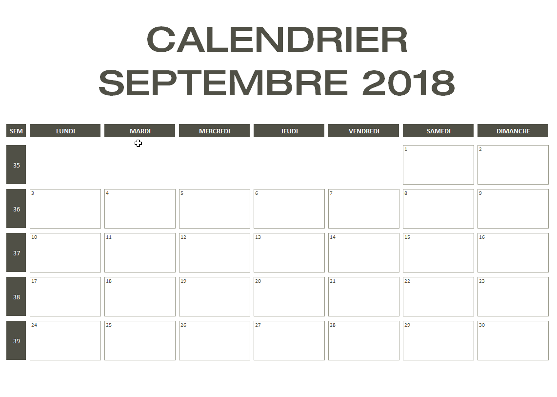 Calendrier Septembre 2018