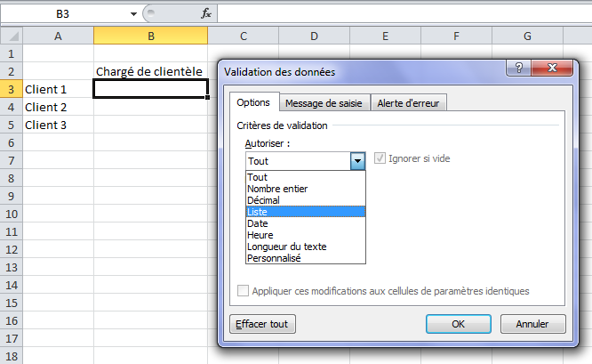 Excel Création d'une liste déroulante
