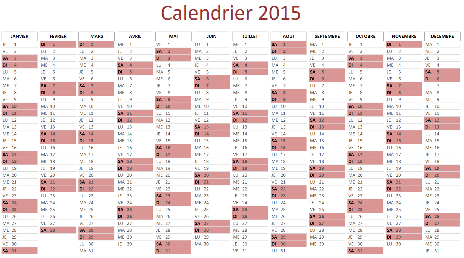calendrier 2015 à imprimer - excel