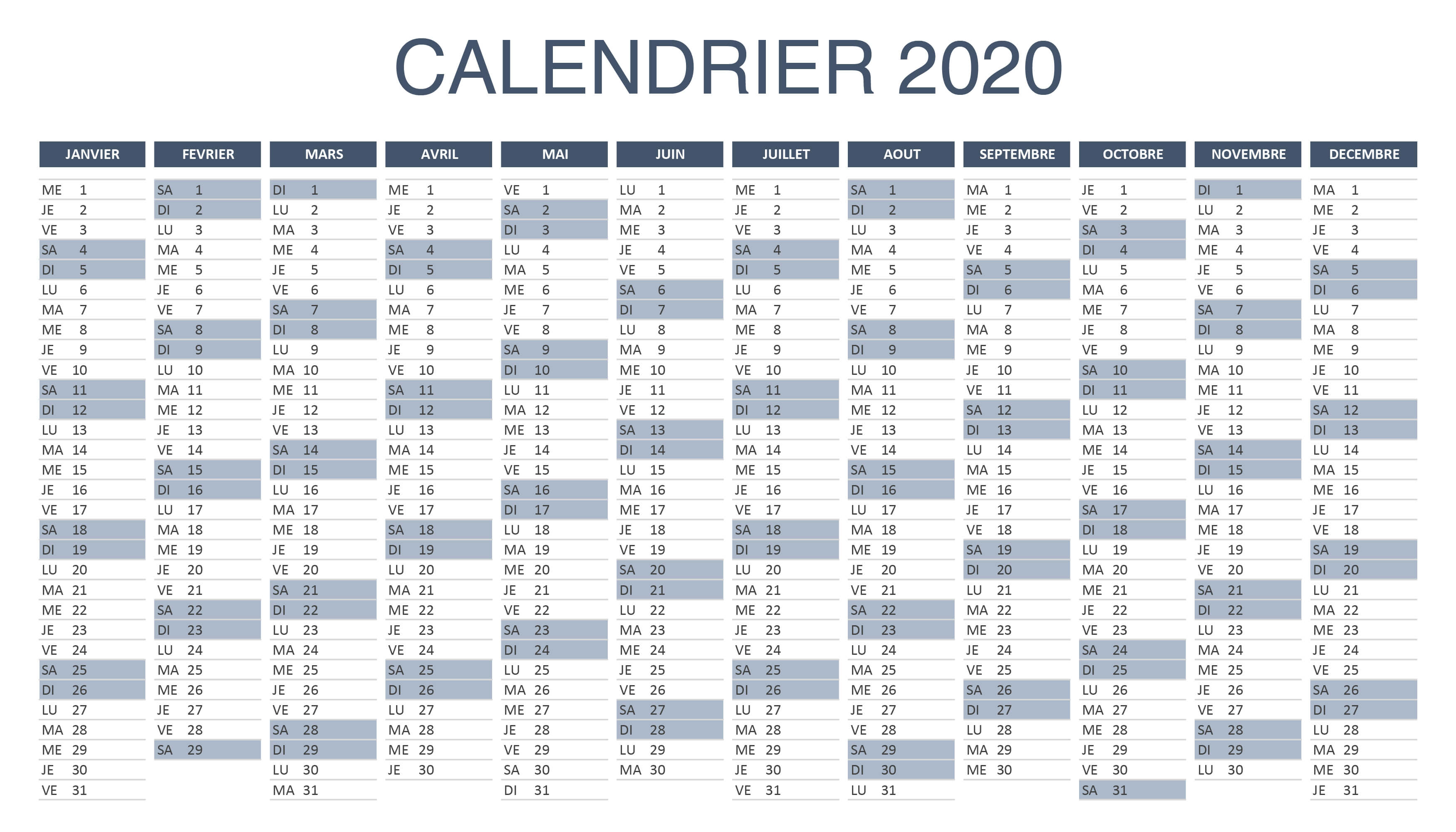 Calendrier Excel 2020 à télécharger – Apprendre Excel – Formation et