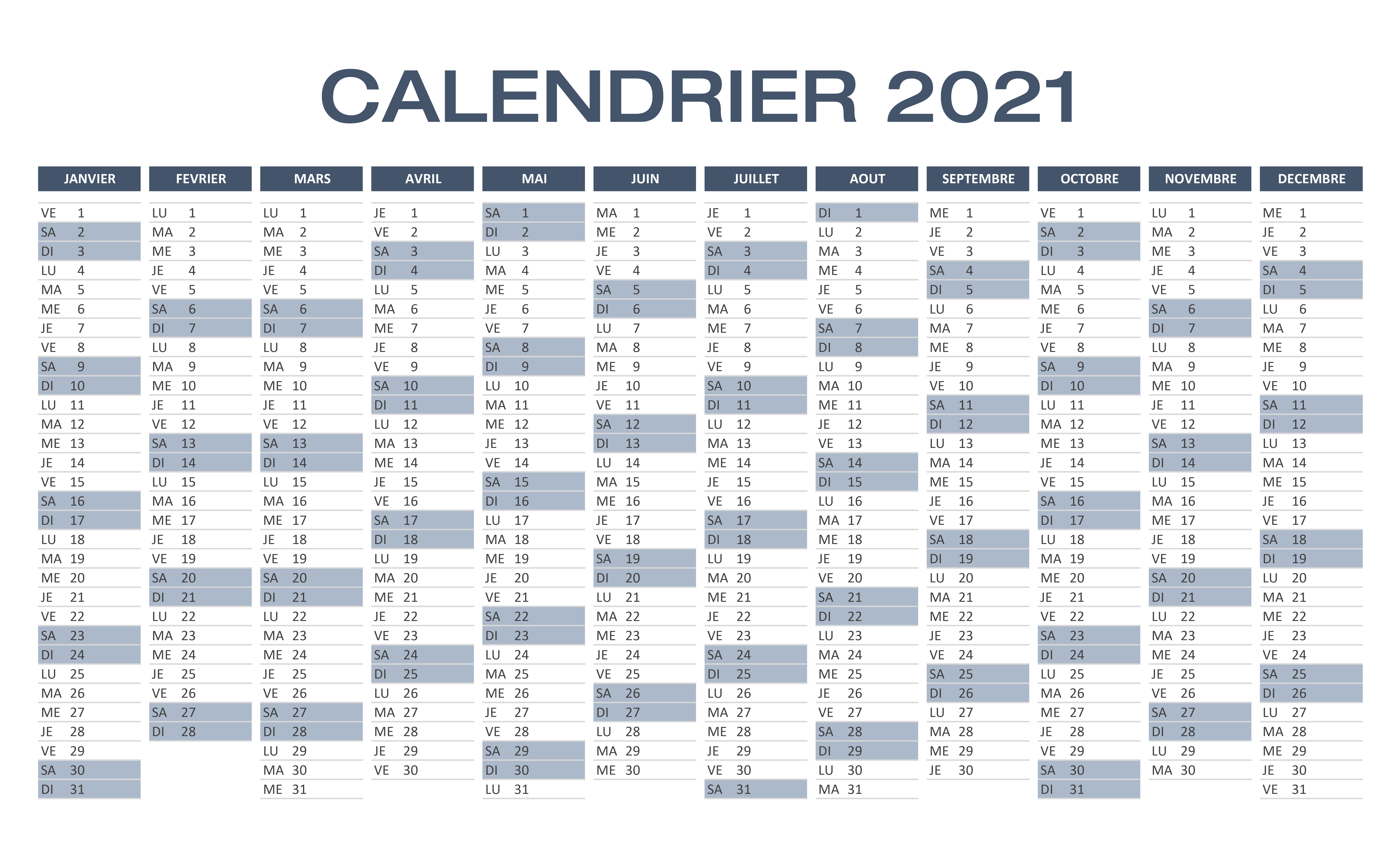 Calendrier 2021 Excel