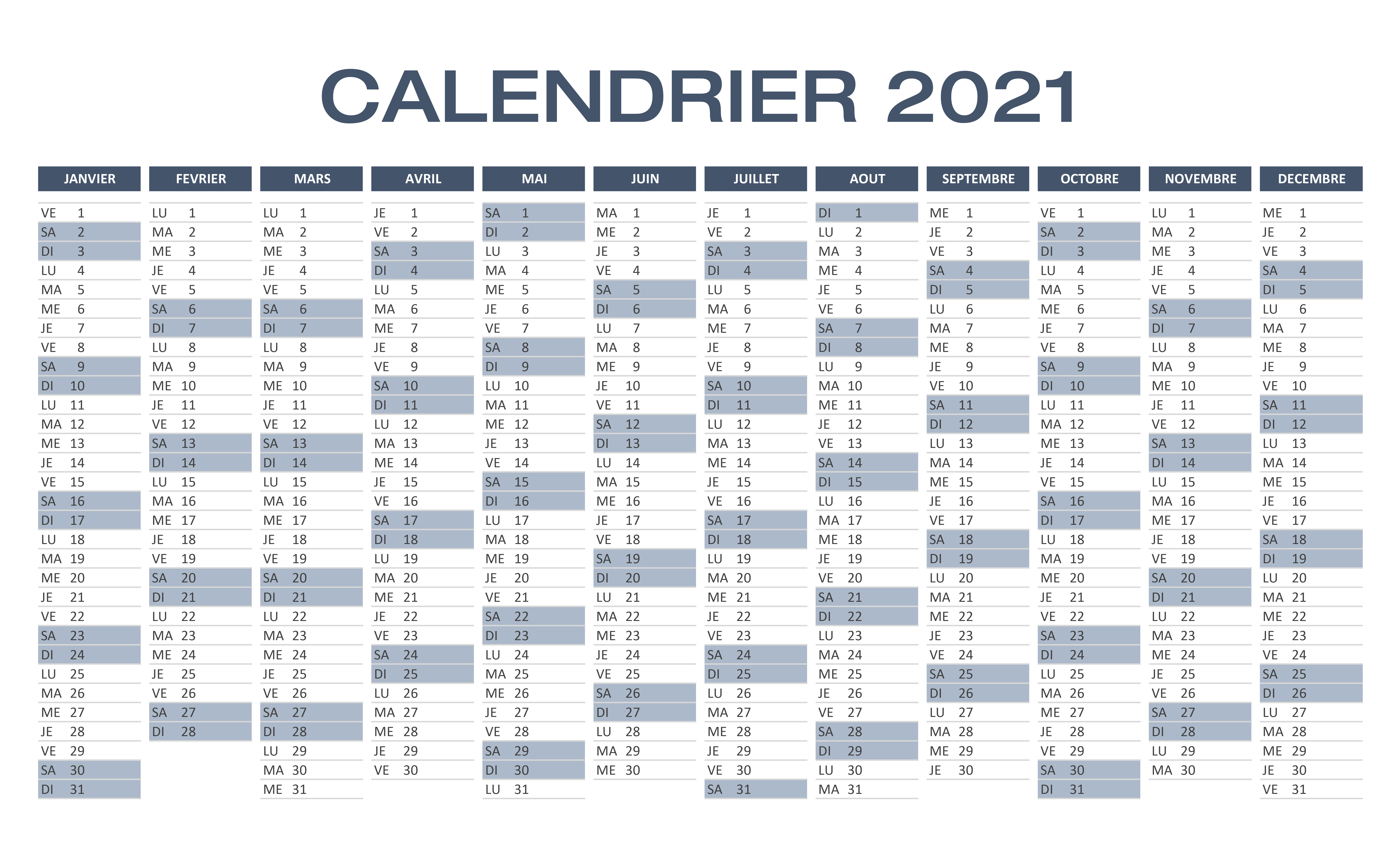 Calendrier 2021 Excel et PDF À télécharger et imprimer