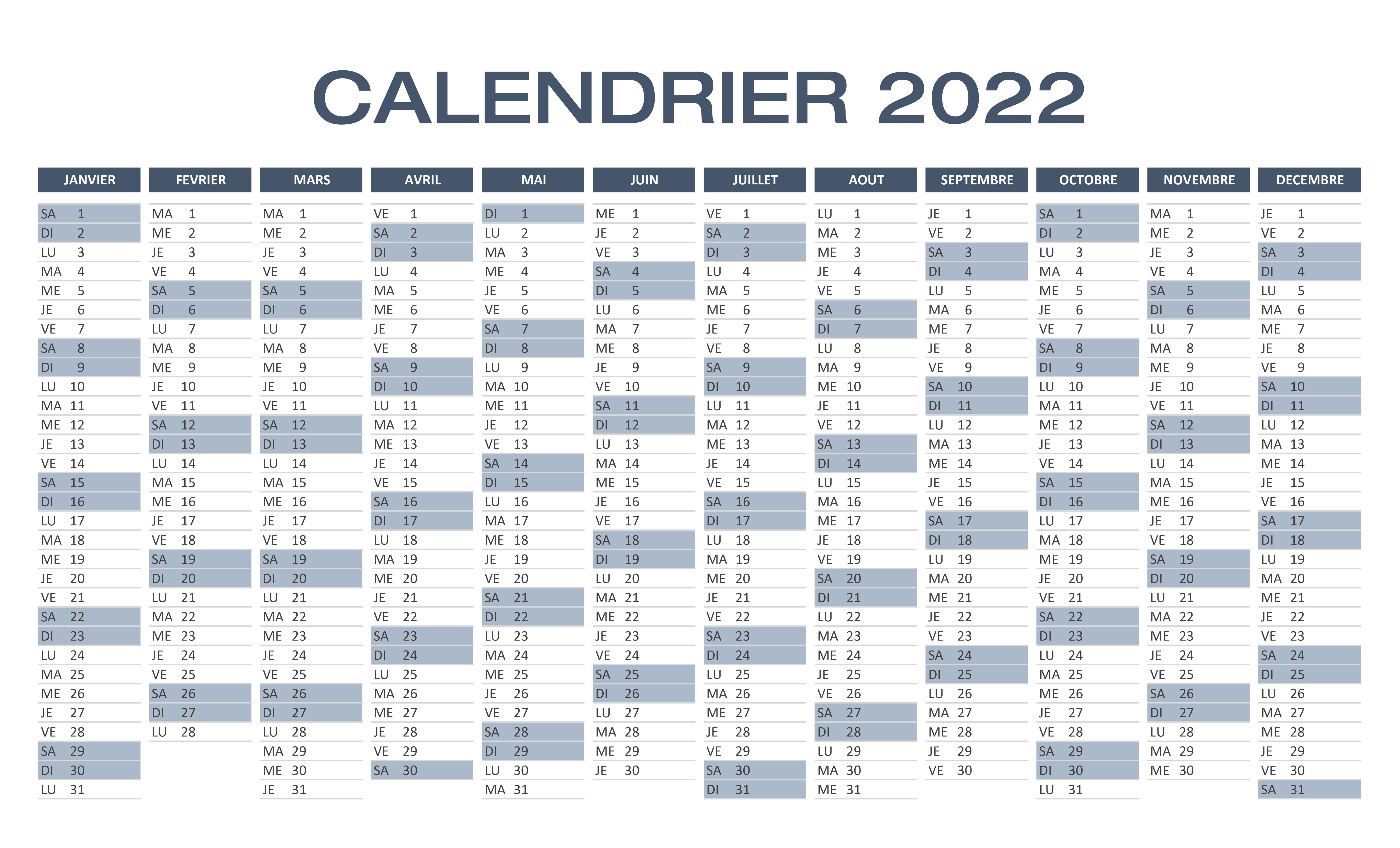 calendrier 2022 Excel