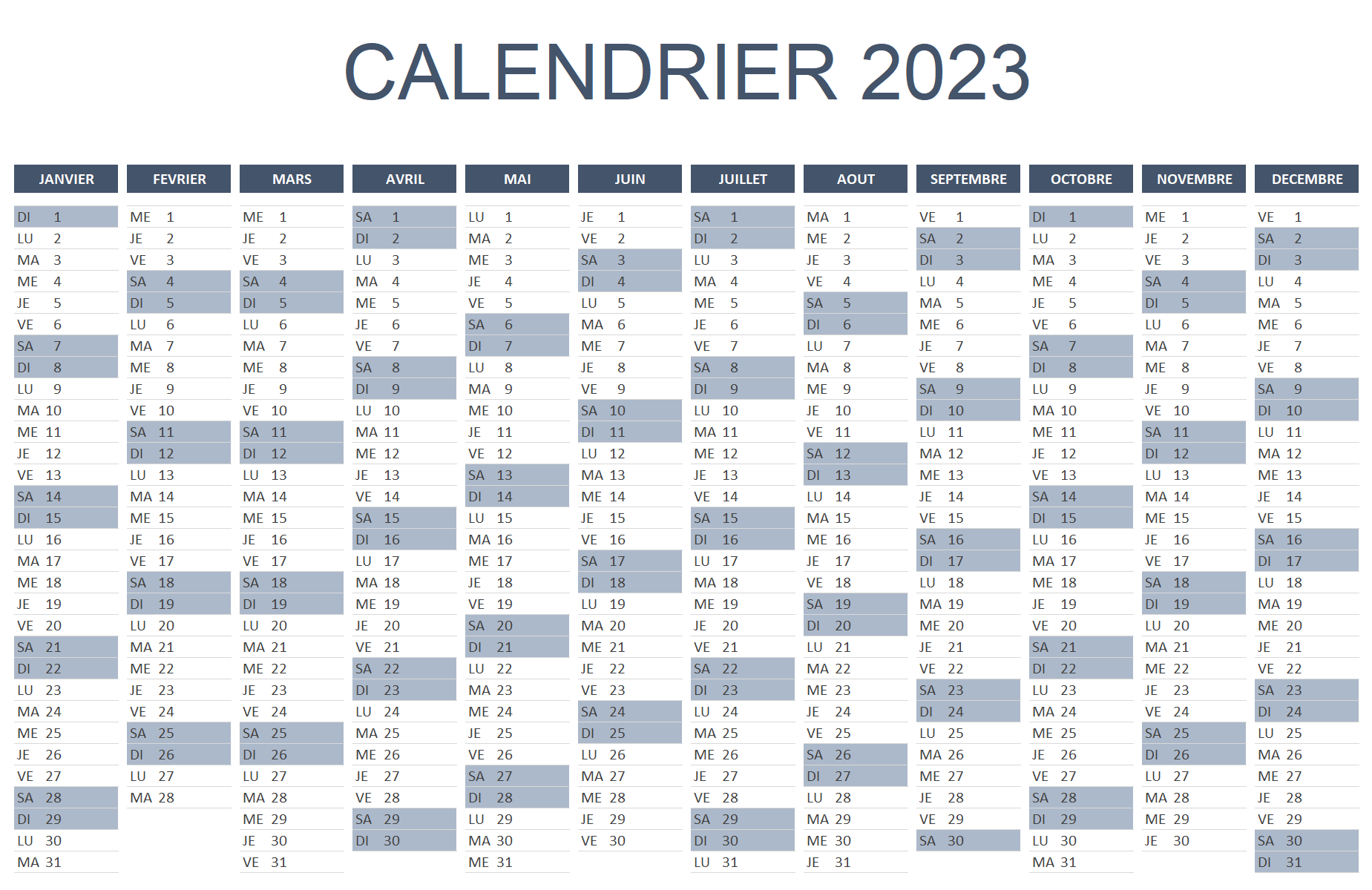 calendrier 2023 Excel
